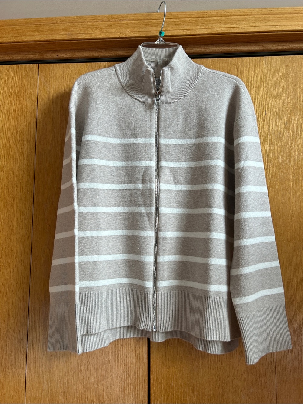 Ann Taylor Taupe and White Striped Zip-Front Sweater